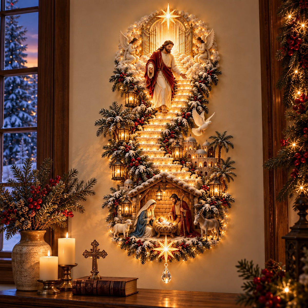 Jesus Light of Heaven illuminated Nativity stairway wall hanging