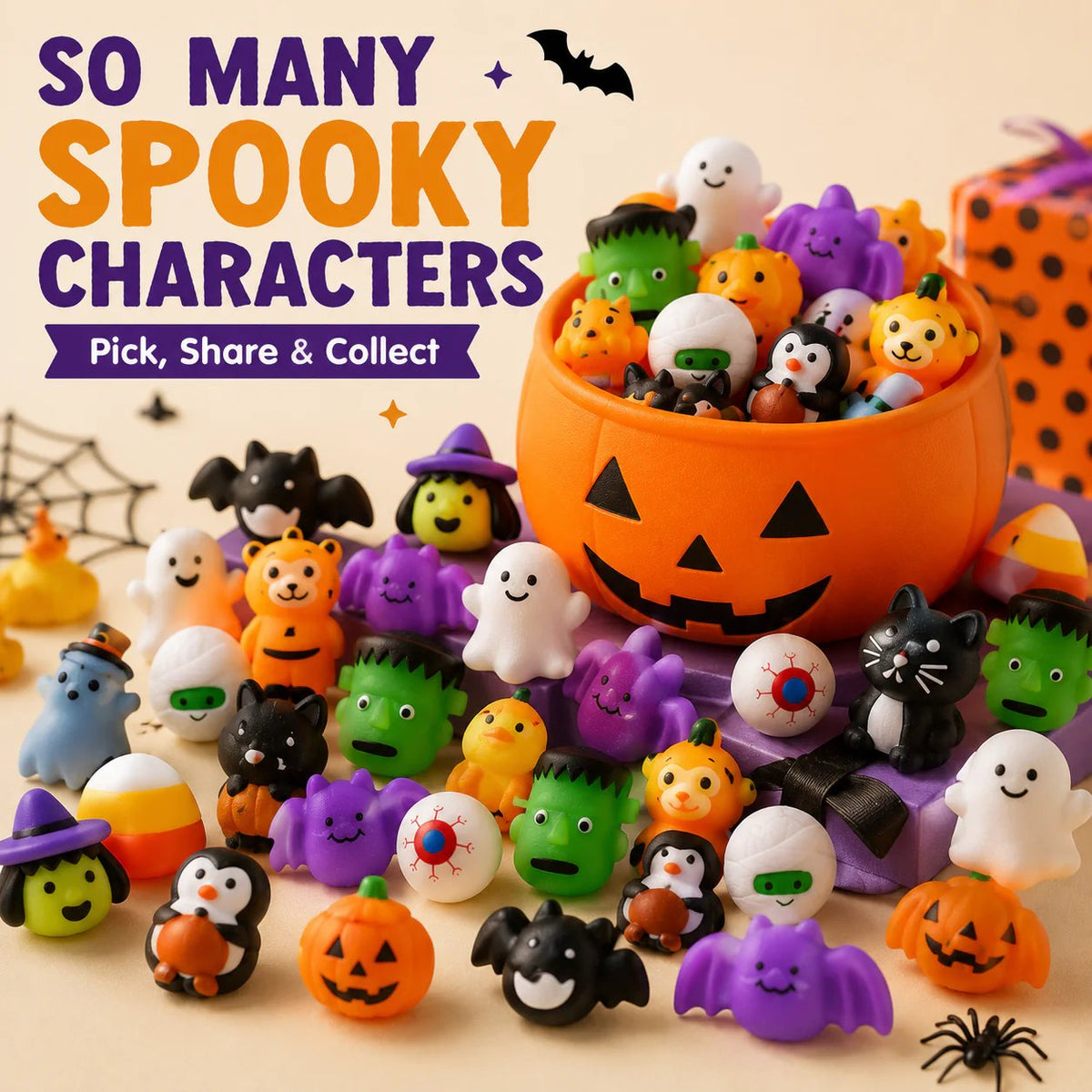 Assorted Halloween ghosts pumpkins bats witches mummies squishy toys