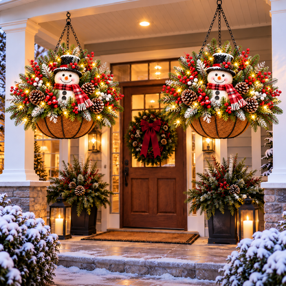 🔥 LIMITED-TIME 50% OFF 🎄 Pre-Lit Christmas Hanging Basket – Lighted Santa & Snowman Porch Decorations