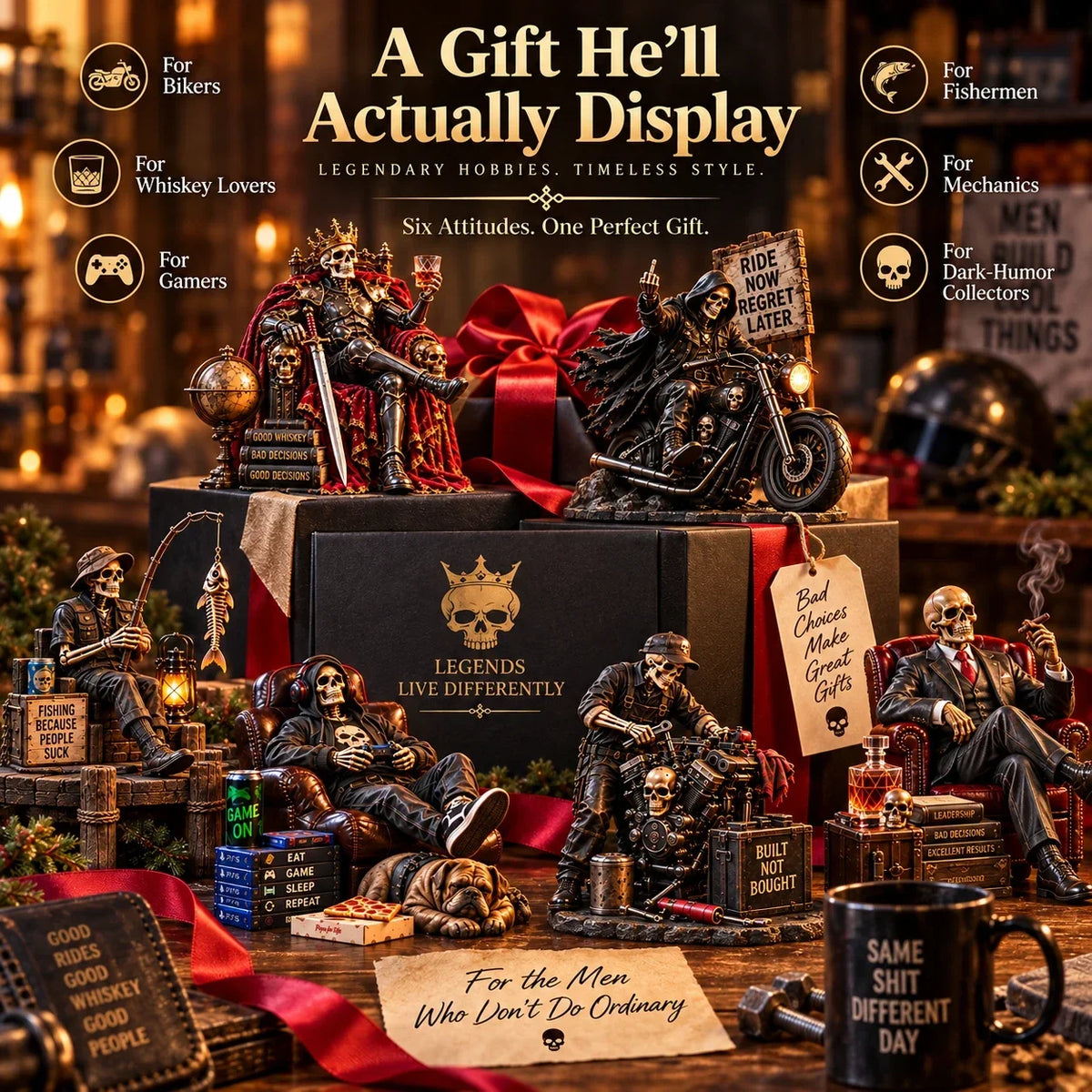 💀🔥 Bad to the Bone – 6 Dark Humor Skeleton Collectibles for Men, Man Cave Decor & Unique Gifts 🎁