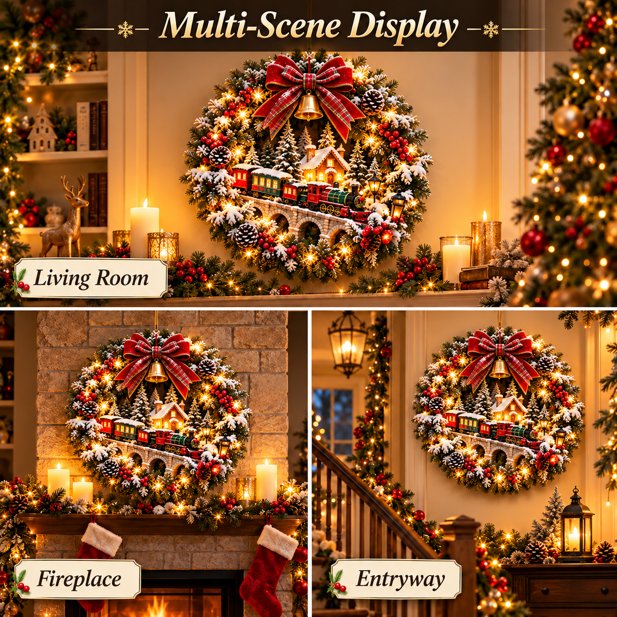 Christmas Homebound Express styled in living room, fireplace mantel and indoor entryway settings