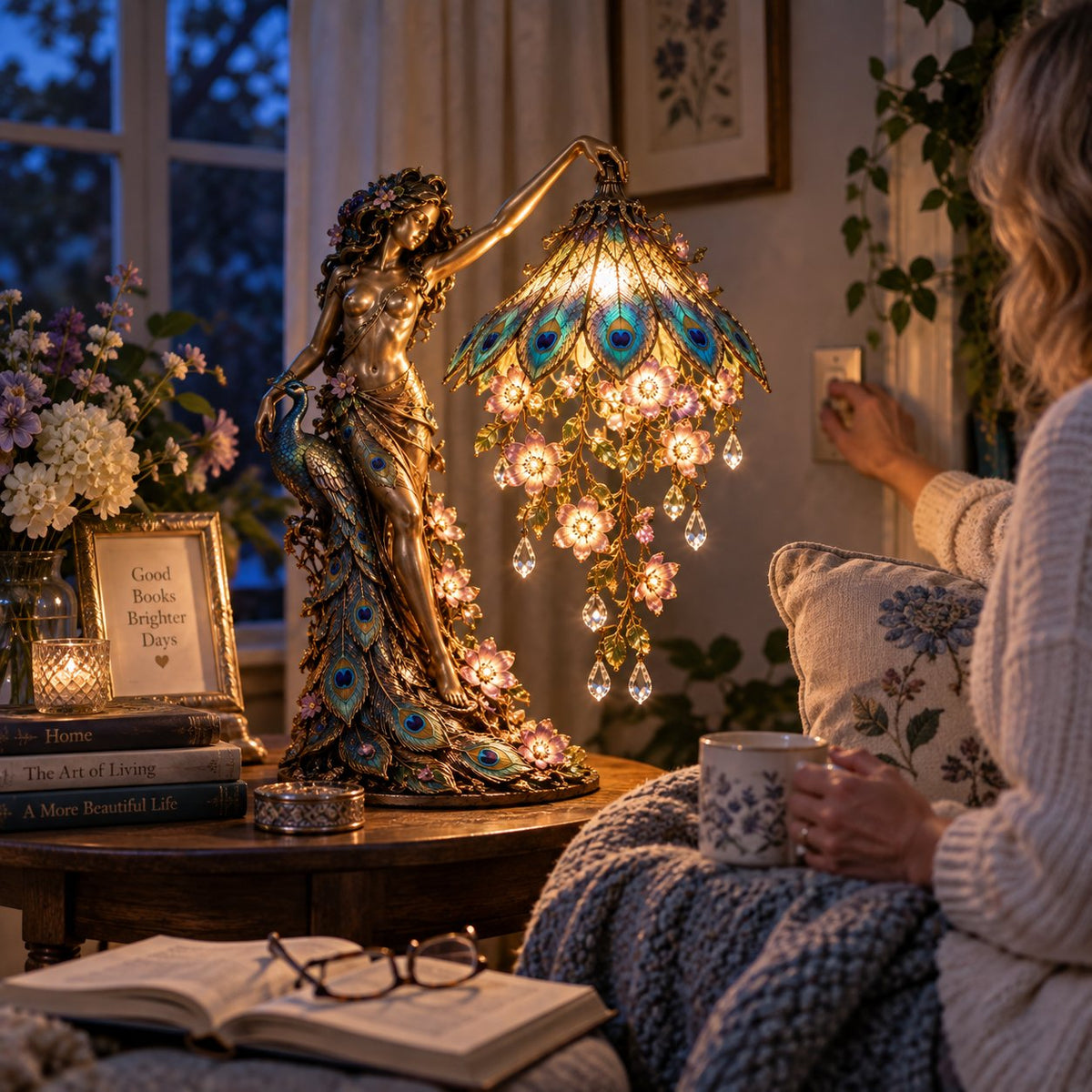 🦚 Peacock Goddess Stained Table Lamp