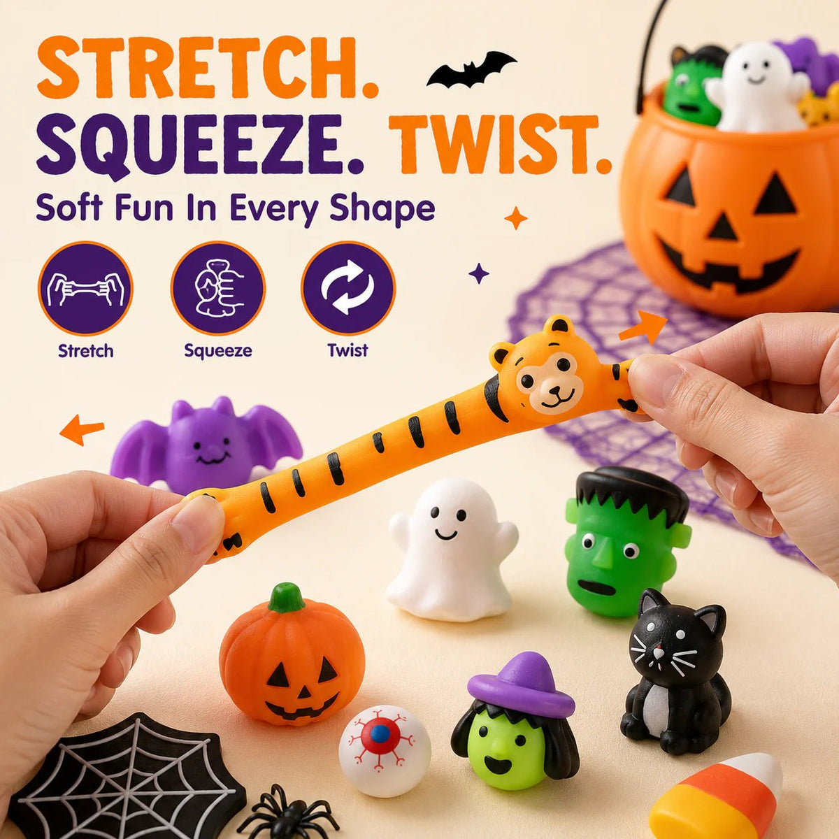 Halloween mini squishy toy being gently stretched