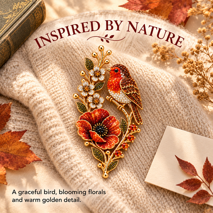 🐦🌸Robin & Poppy Crystal‑Encrusted Vintage Brooch 🐦🌸