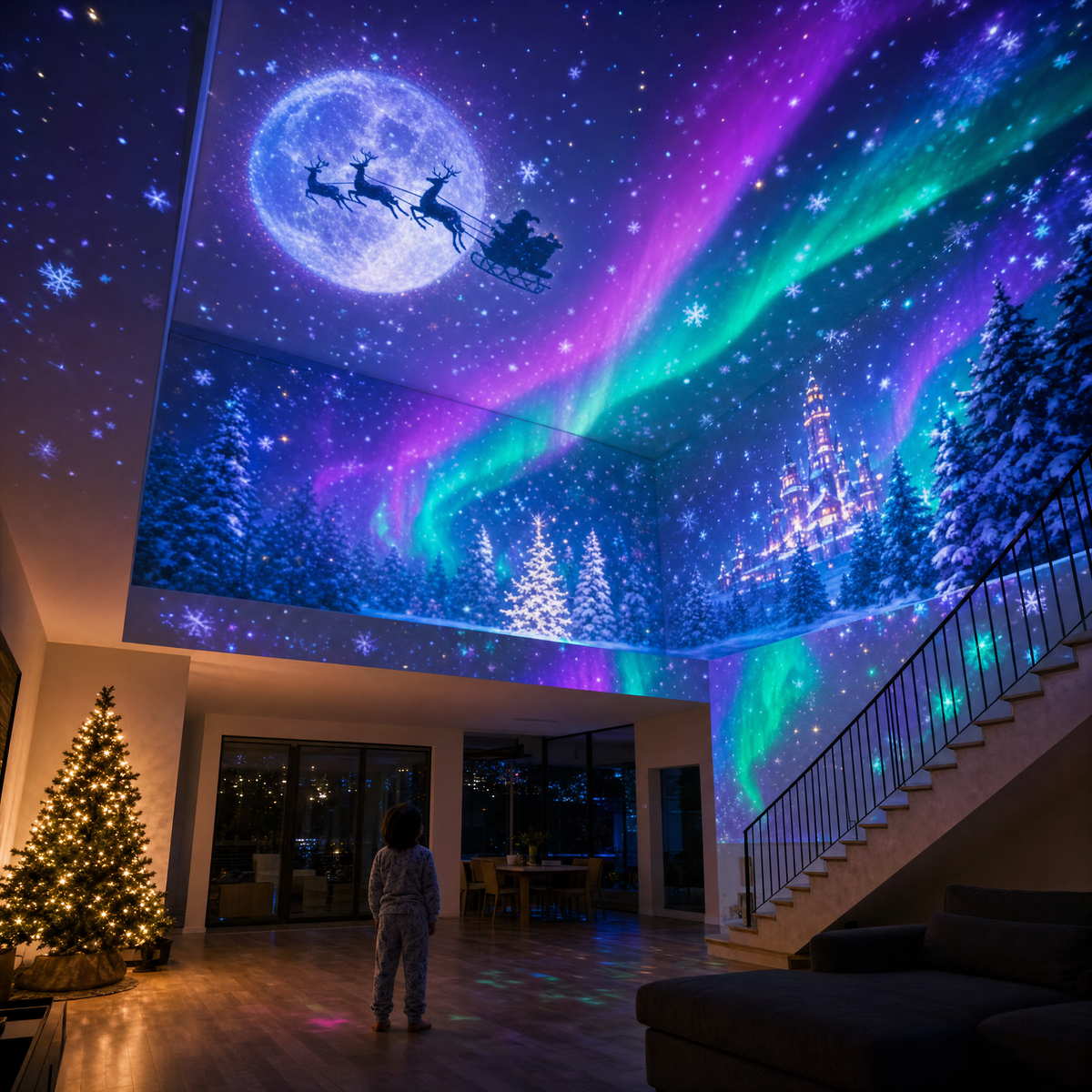 Illustrative dramatic Christmas sky projection in a festive living room with colorful aurora lights and Santa's sleigh