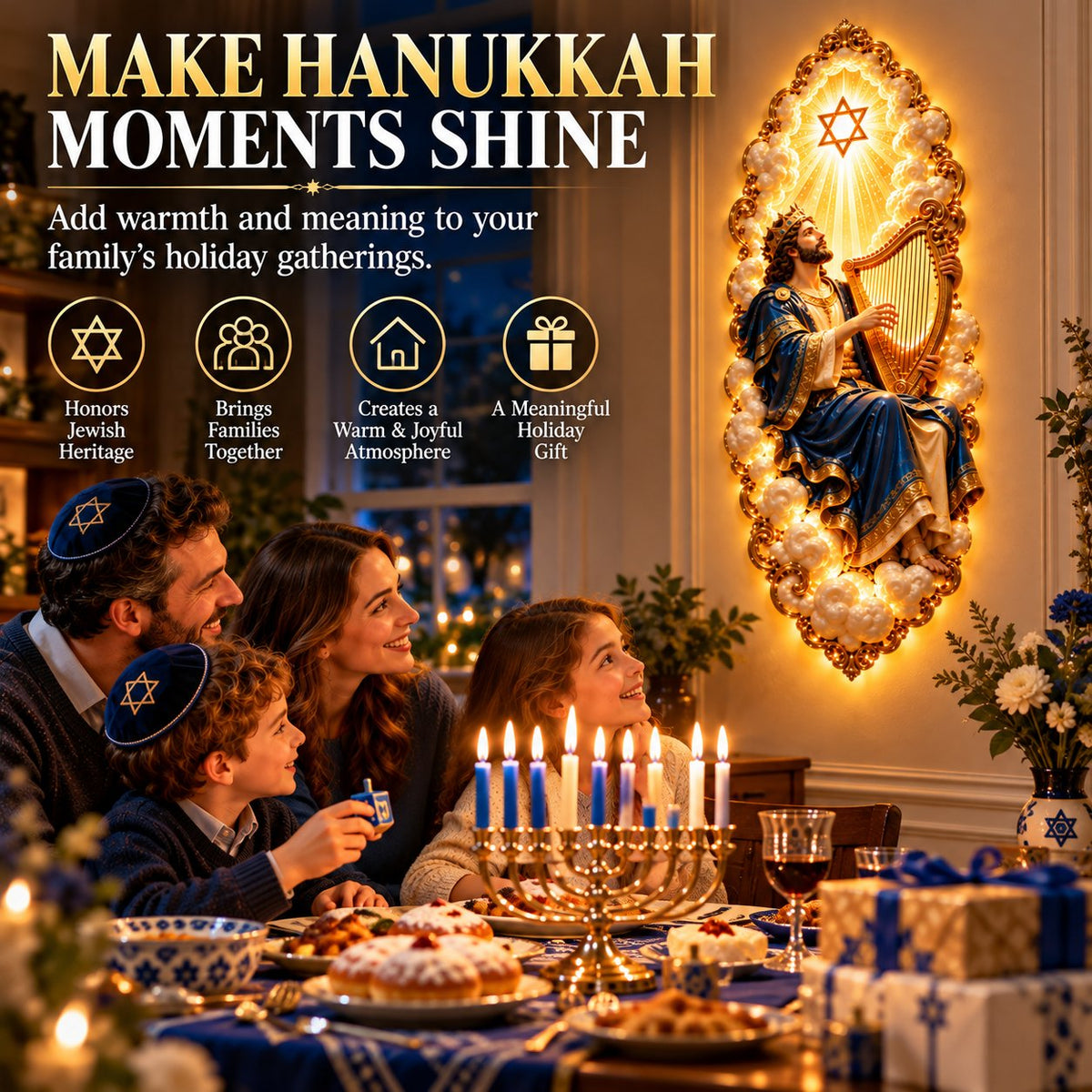 Jewish Heritage illuminated wall art displayed during Hanukkah family gathering