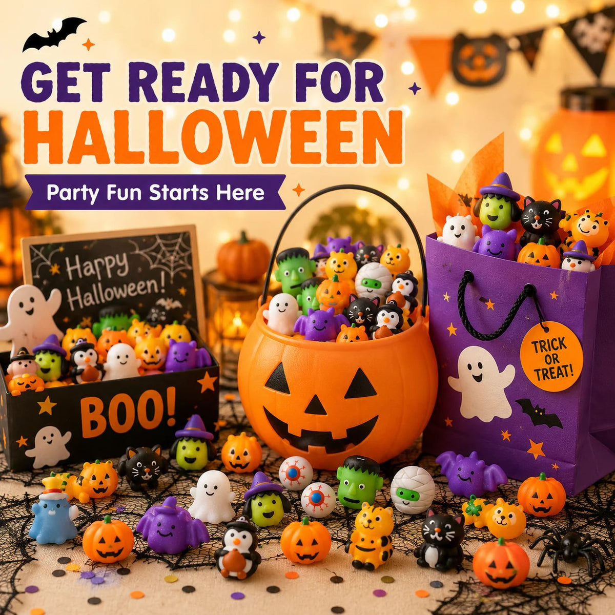 Halloween mini squishy toys arranged for party and goodie bags