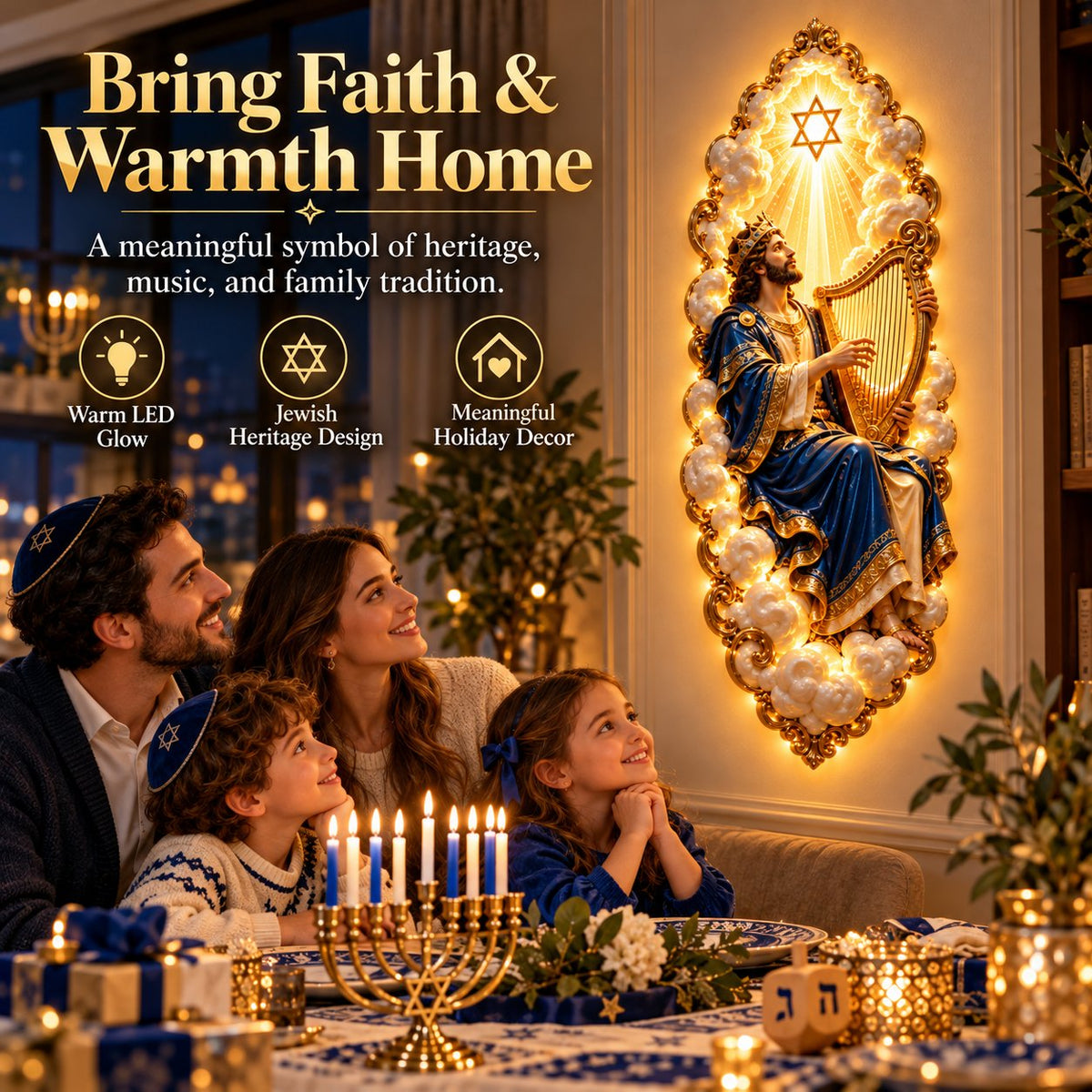 Jewish Heritage illuminated King David wall art displayed in family home