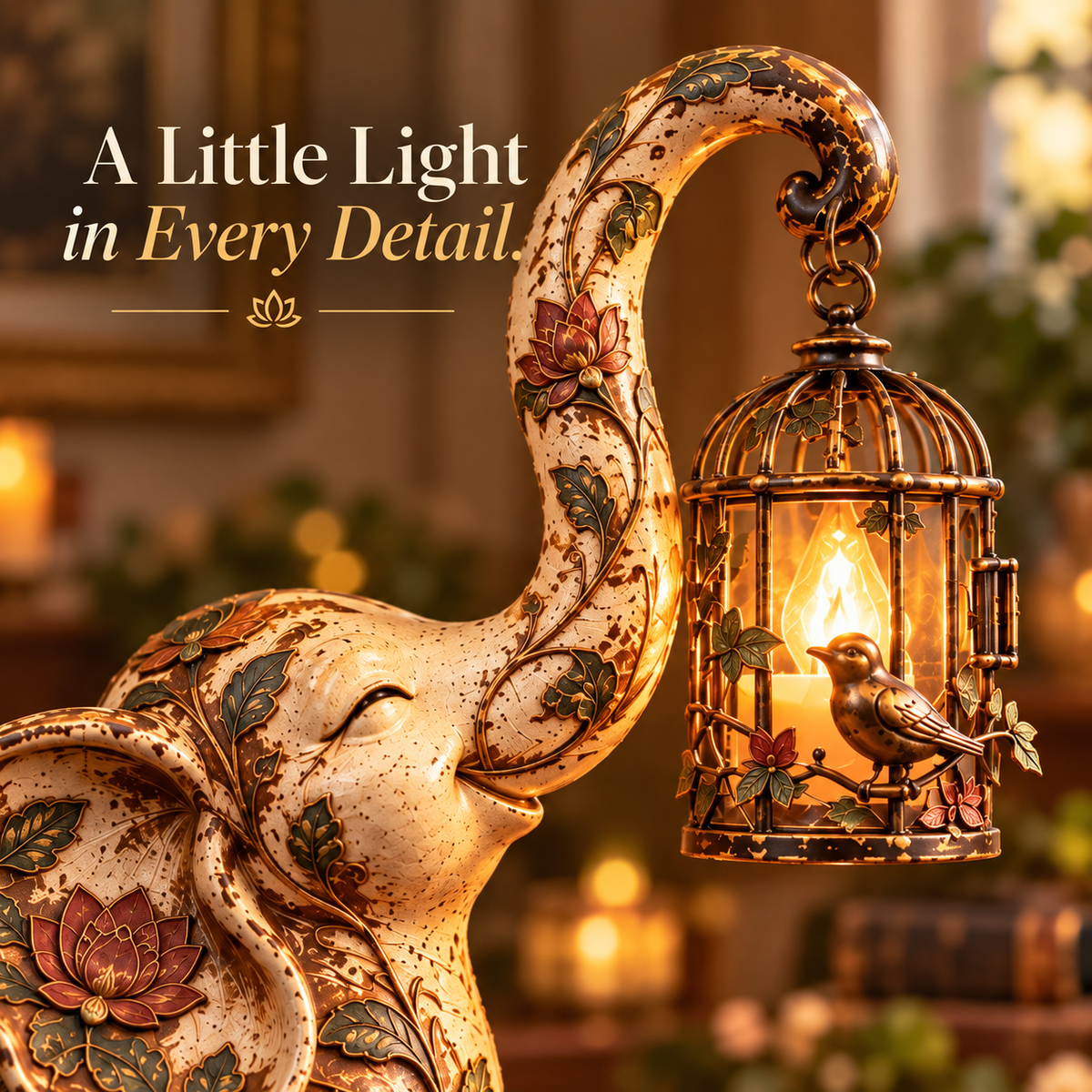 🐘✨Gentle Glow Elephant™ – Vintage Floral Lantern Statue