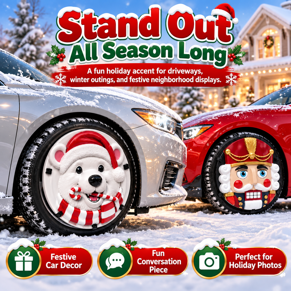 🎃16-inch Christmas 3D Wheel Covers – Festive Polar Bear & Nutcracker Car Decor