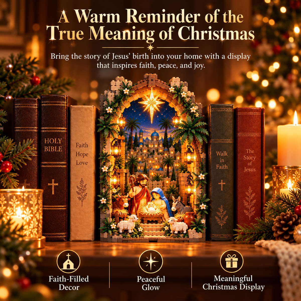 🔥Last Day 50% OFF-✨ Lighted Bethlehem Nativity Book Nook – Christmas Building Block Display of Faith