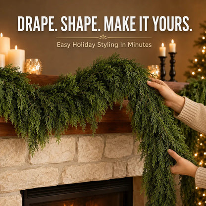🎄 LAST DAY 50% OFF | 2-Pack Real-Touch Cedar Christmas Garland – Lush Evergreen Holiday Greenery for Mantel, Staircase & Doorway