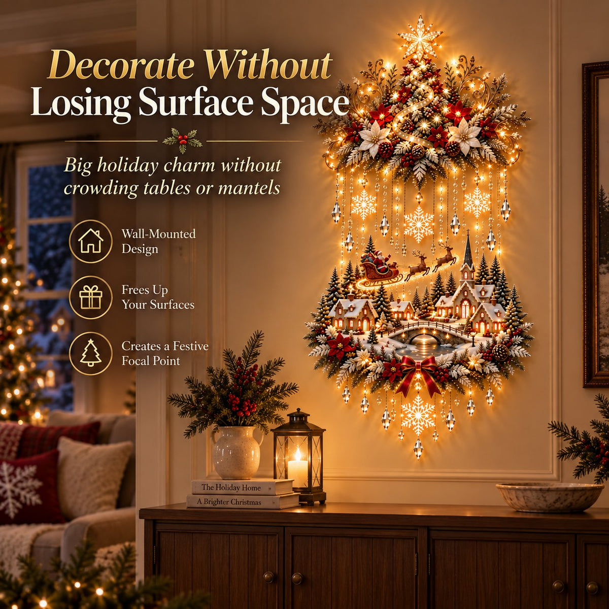 🎄 Illuminated Christmas Tree & Village Wall Hanging | 🎁Cascading Warm Lights for Living Rooms, Entryways & Staircases ✨