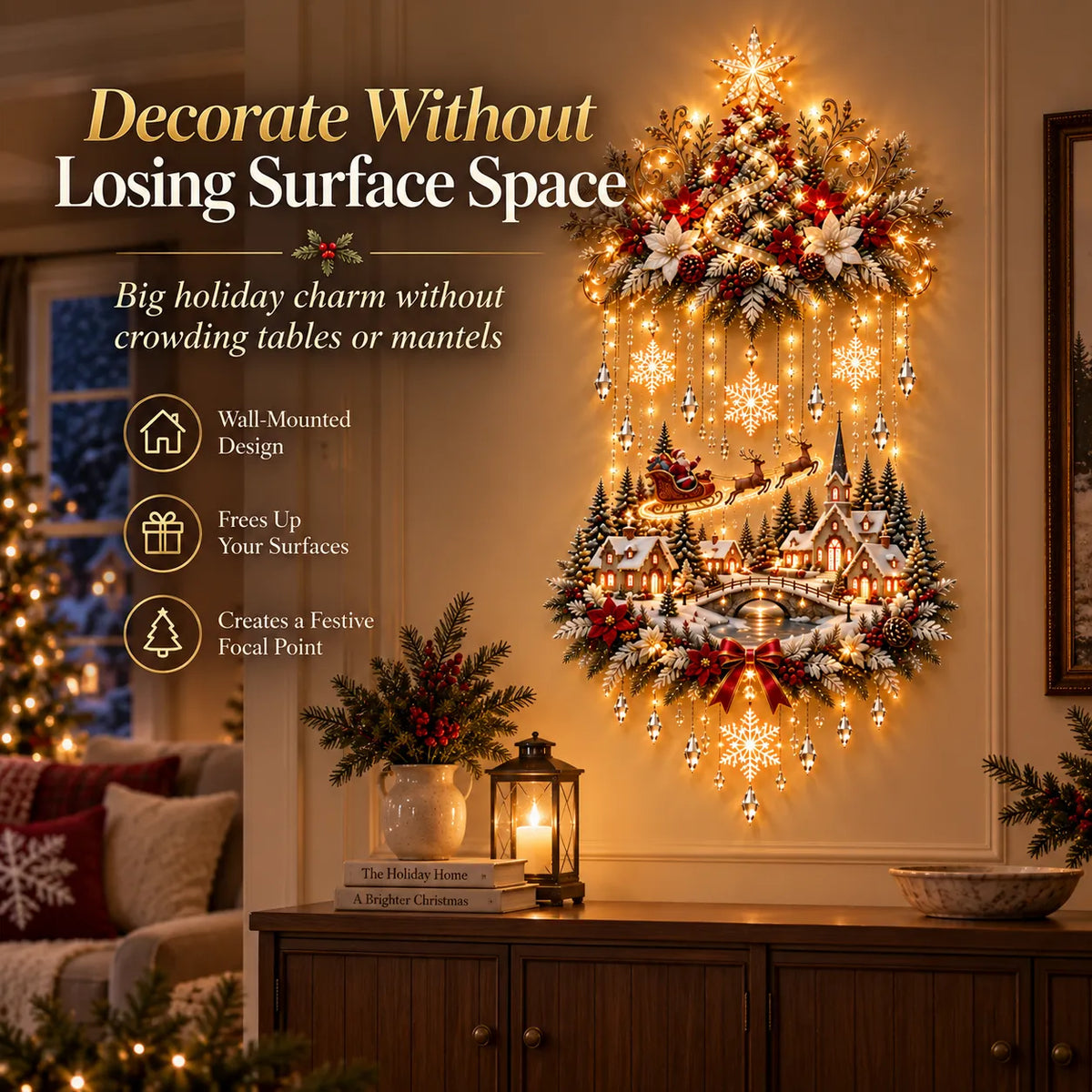 Wall mounted Christmas village hanging above open console surface