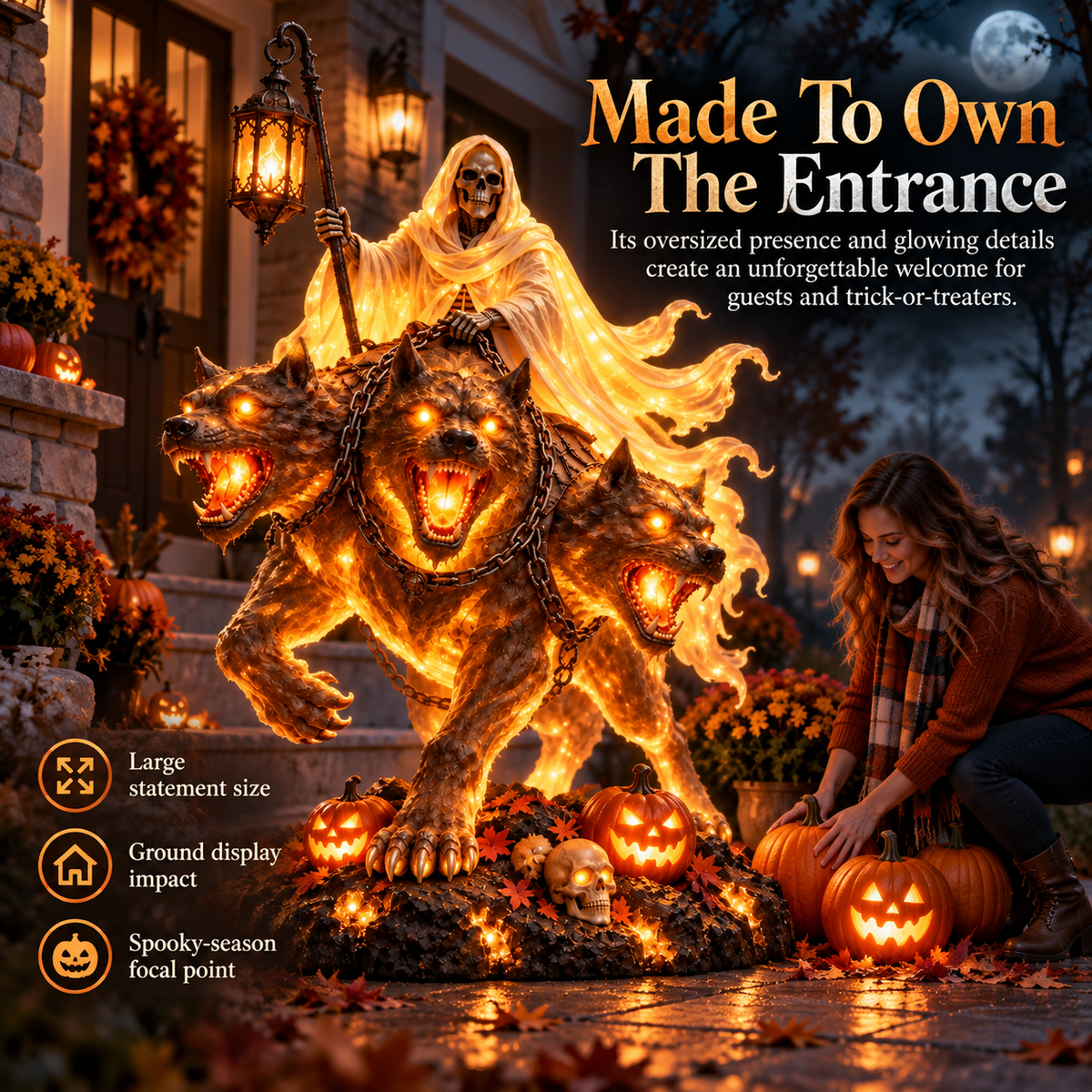 💀🔥 Cerberus Grim Reaper Lighted Statue | Three-Headed Hellhound Halloween Guardian with Lantern