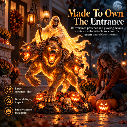 💀🔥 Cerberus Grim Reaper Lighted Statue | Three-Headed Hellhound Halloween Guardian with Lantern