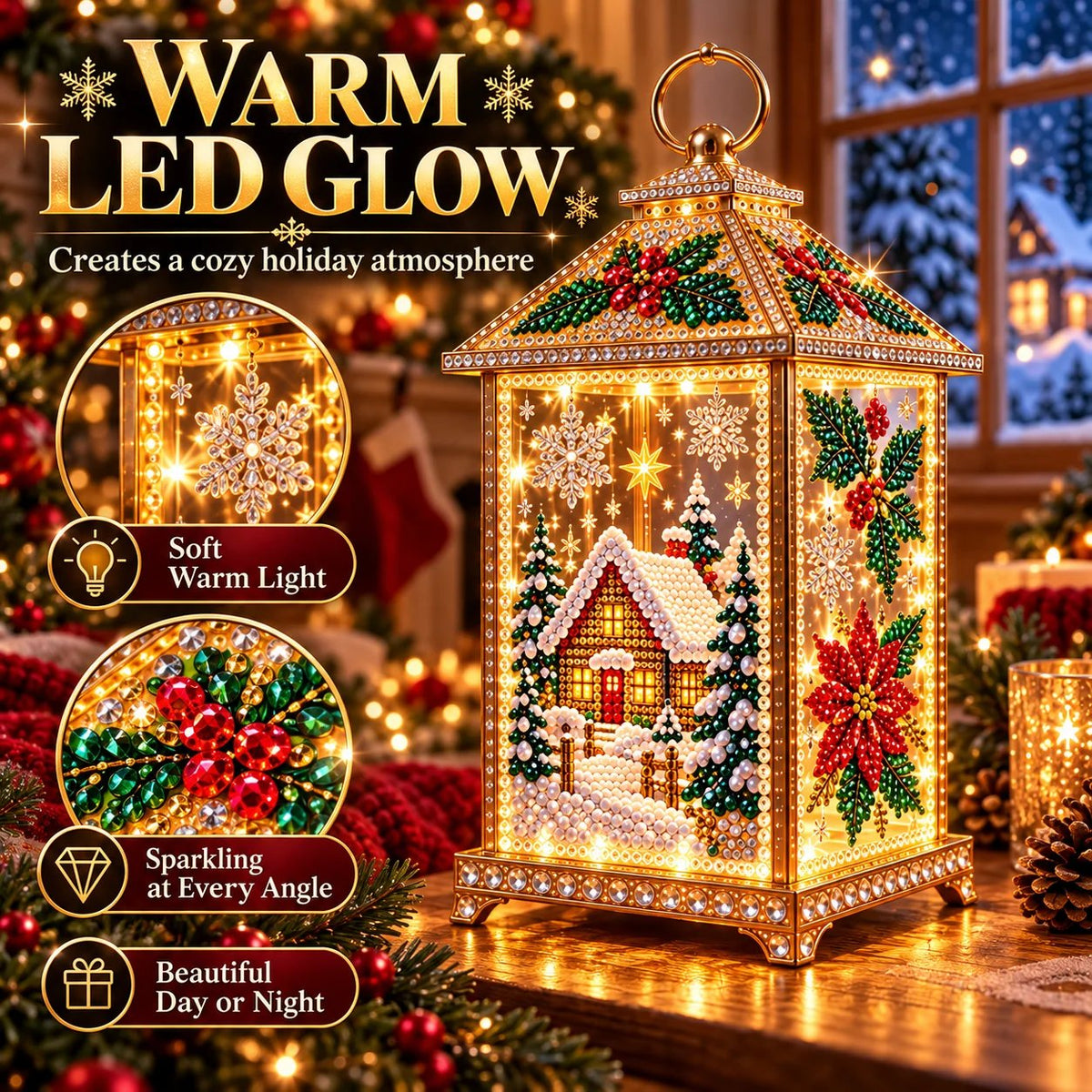 Warm LED glow and sparkling diamond detail on Christmas Lantern