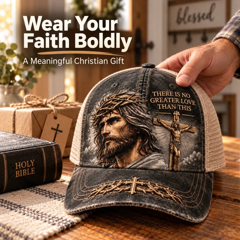 ✝️There Is No Greater Love Christian Jesus Hat – Vintage Crown of Thorns & Cross Faith Trucker Cap (🧢100% Cotton)