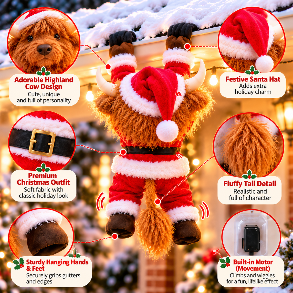 Ordinary Christmas decorations compared with the climbing Highland Cow
