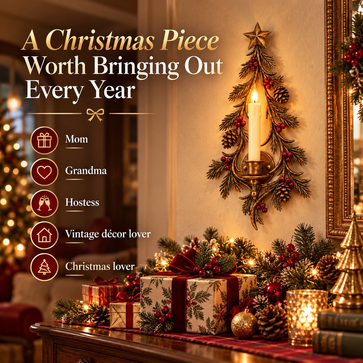 🎄 Heritage Evergreen Candle Sconce™ – Vintage Christmas Wall Glow