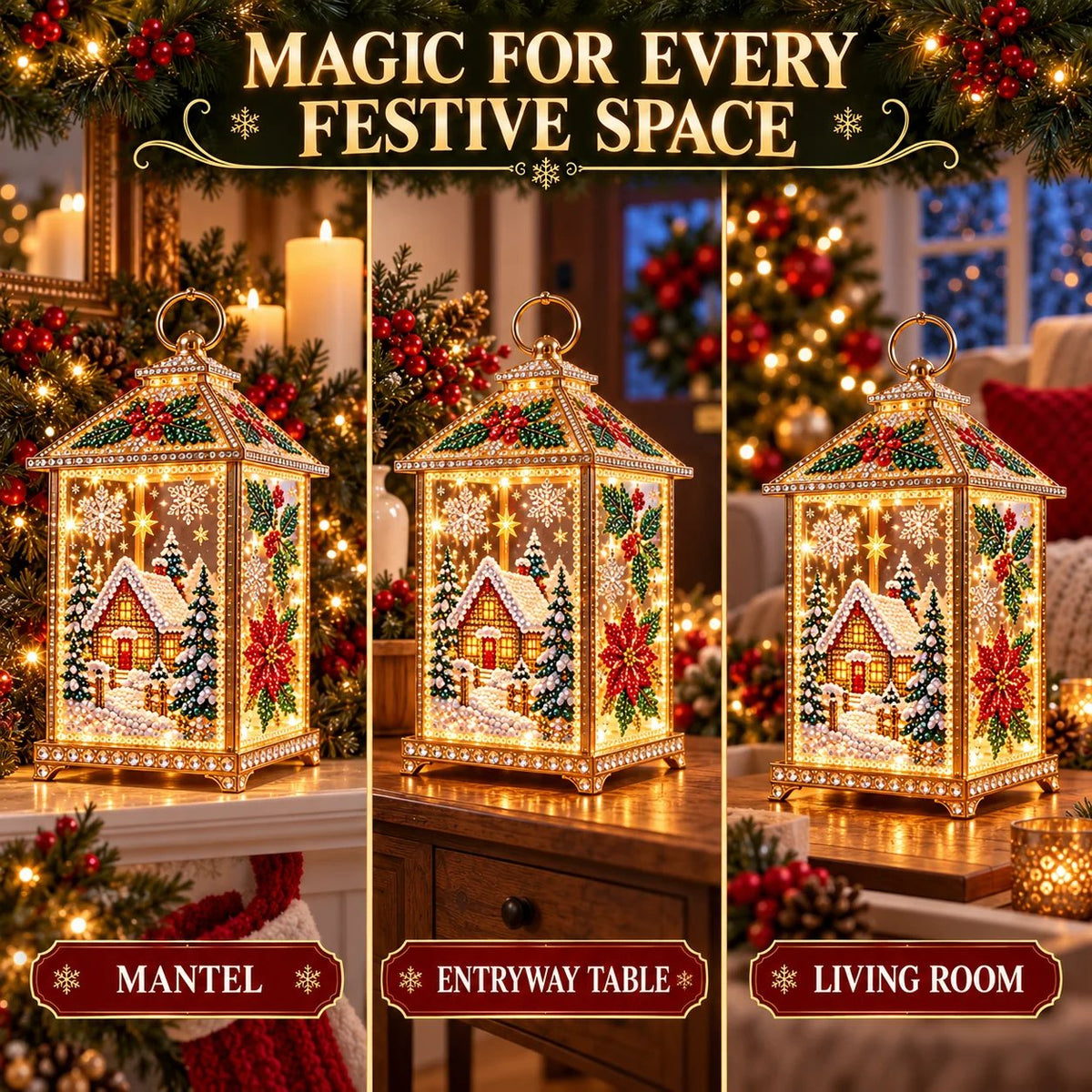 Diamond Art Christmas Lantern displayed on mantel entry table and living room