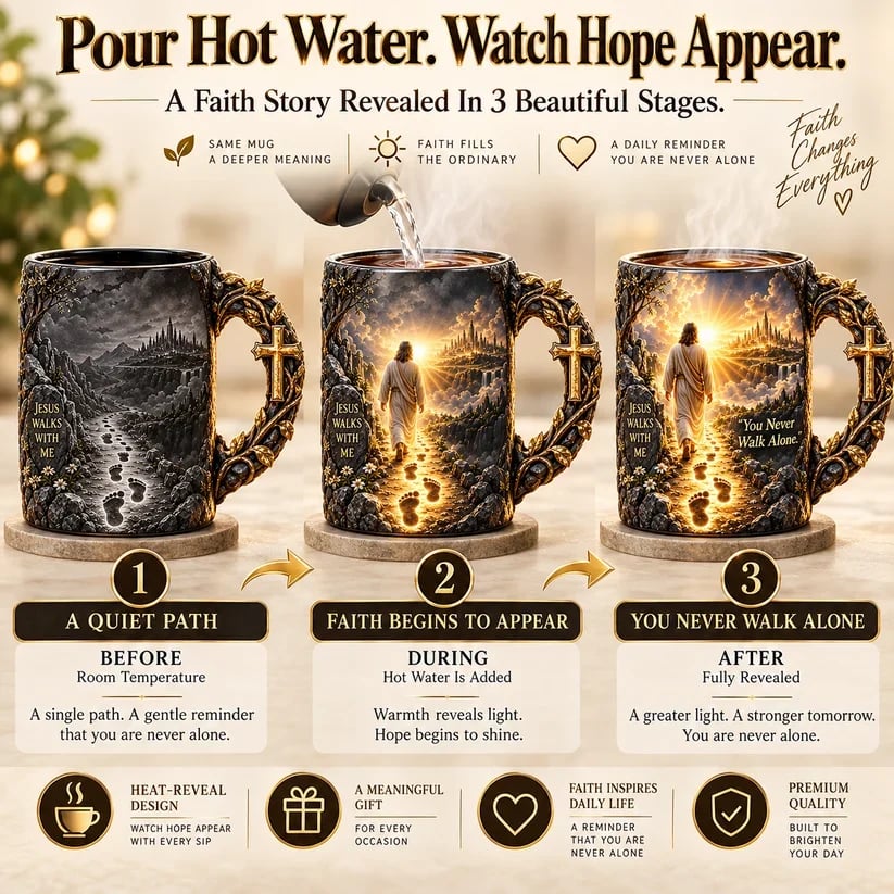 Three stages of Jesus heat changing mug when hot liquid is added