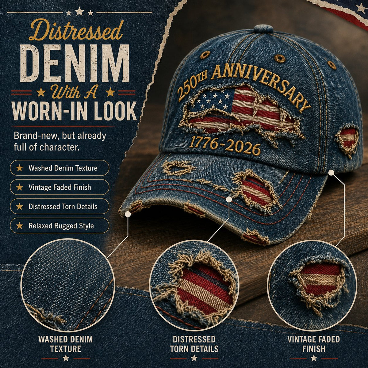 🔥 Limited-Time 49% OFF | 🇺🇸 America 250™ 1776–2026 Distressed Denim Baseball Cap – Heritage Edition 🧢