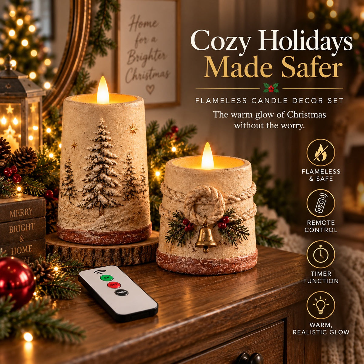 Rustic Christmas Flameless LED Candle Decor Set of 2