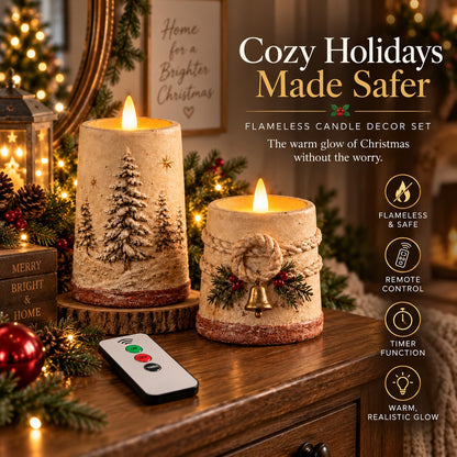 Rustic Christmas Flameless LED Candle Decor Set of 2