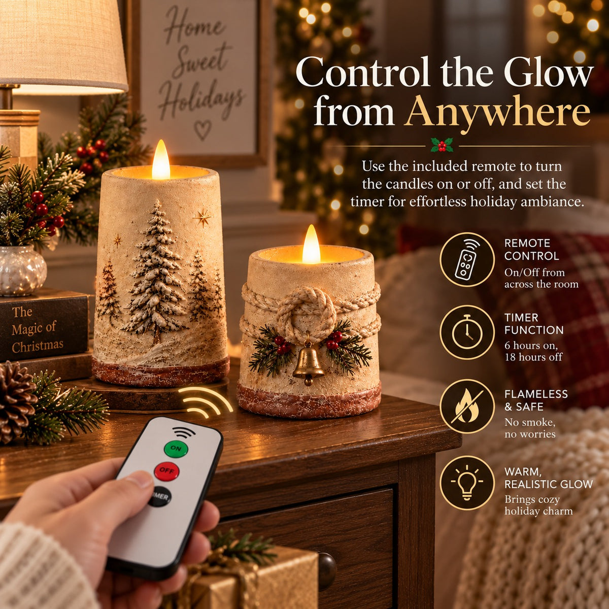 Rustic Christmas Flameless LED Candle Decor Set of 2