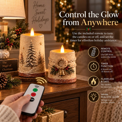 Rustic Christmas Flameless LED Candle Decor Set of 2