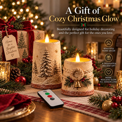 Rustic Christmas Flameless LED Candle Decor Set of 2
