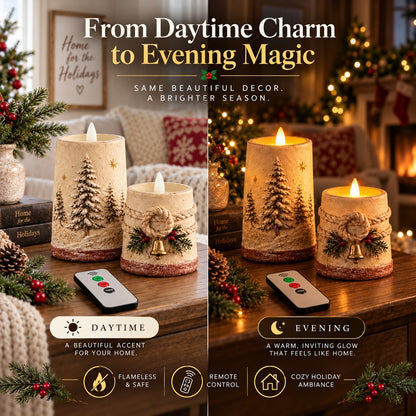 Rustic Christmas Flameless LED Candle Decor Set of 2