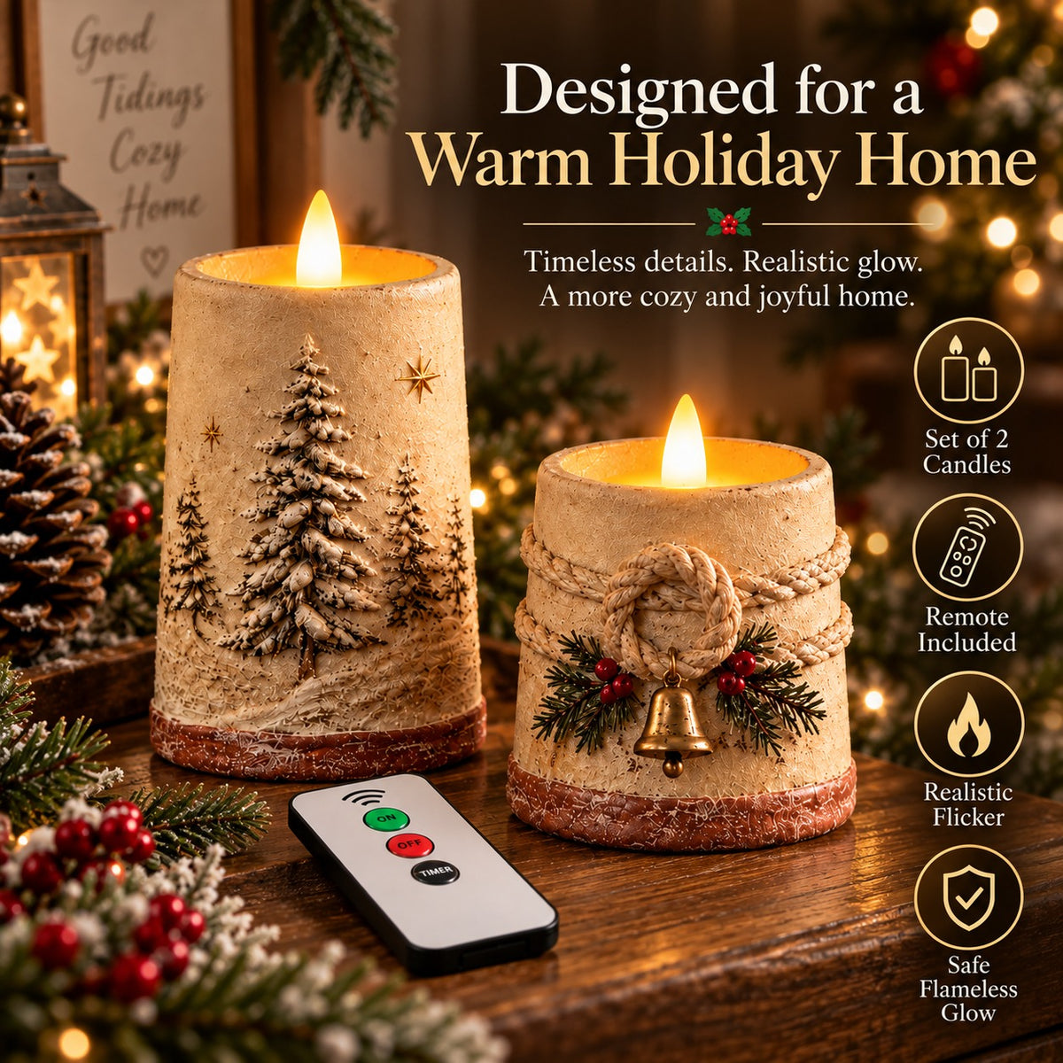 Rustic Christmas Flameless LED Candle Decor Set of 2