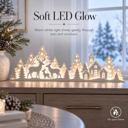 🦌 LED-Weihnachtsdekoration mit Rehen und Dorfmotiv für das Fenster | 2-teiliges beleuchtetes Set