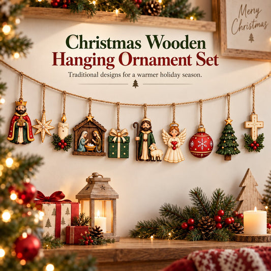 🎄 Set of 10 wooden ornaments featuring nativity and Christmas motifs