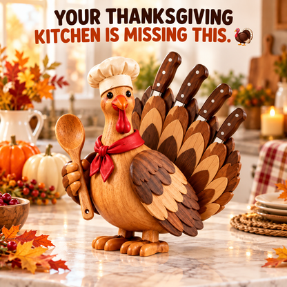 🦃 Wooden Turkey Knife Holder – Thanksgiving Kitchen Counter Decor