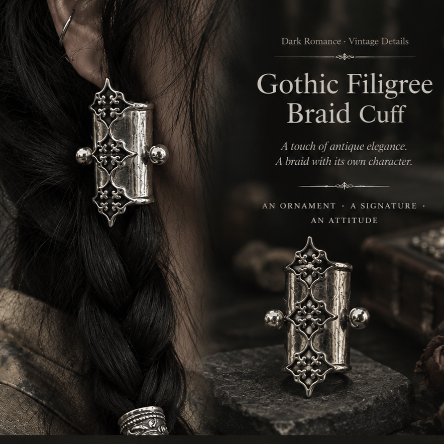 🖤2Pcs Gothic Filigree Hair Cuff for Braids, Vintage Antique Silver Medieval Hair Ring, Dark Romantic Hair Jewelry Accent