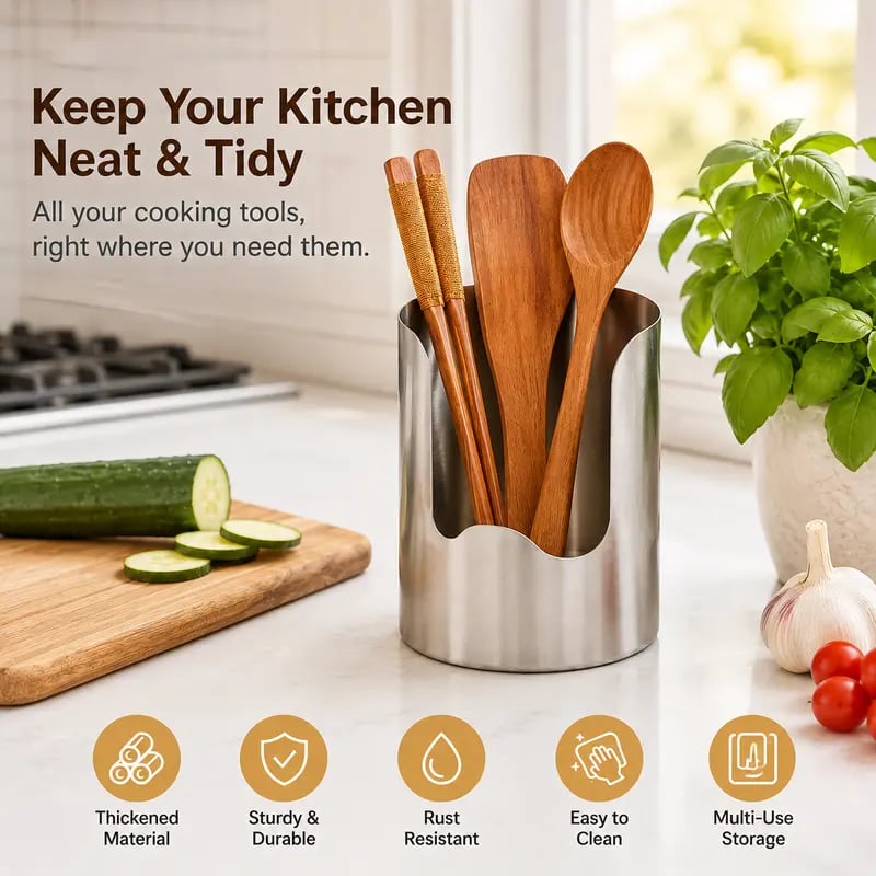 Stainless steel utensil organizer on kitchen counter