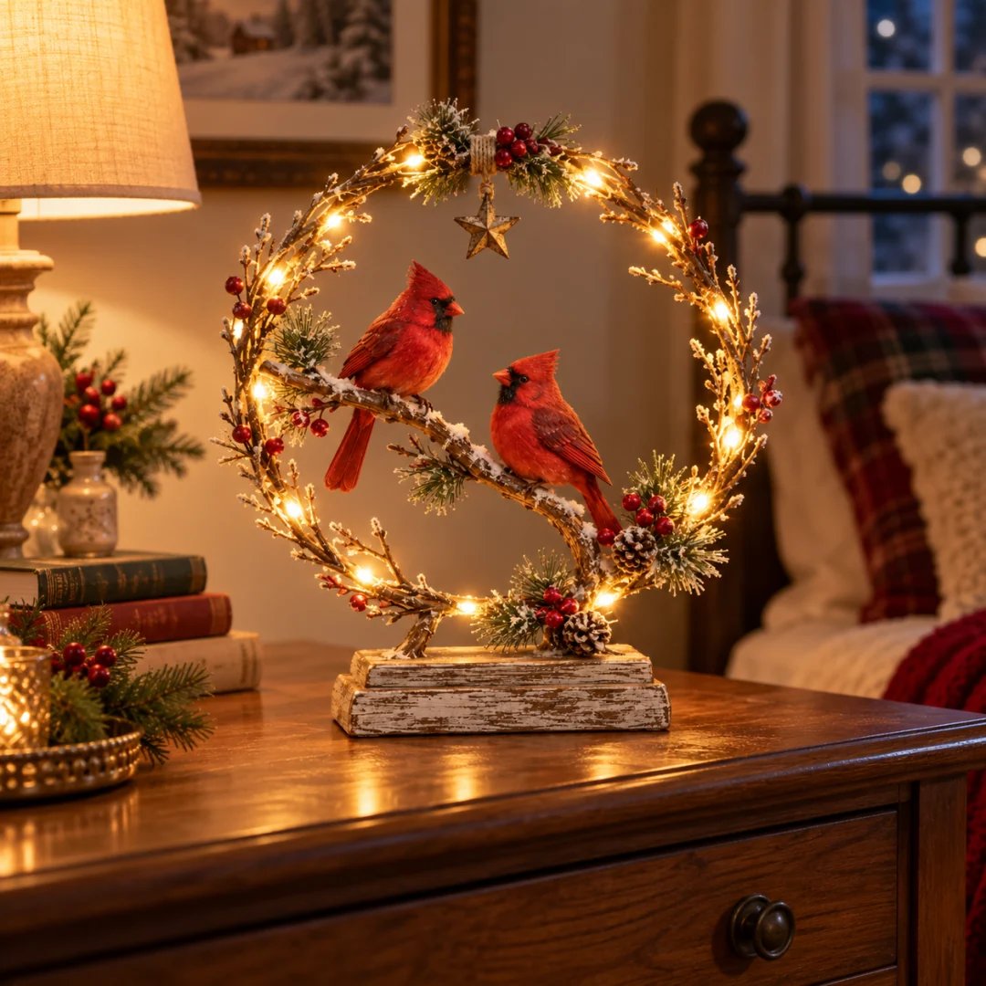 🔥Last Day 60% OFF -Lighted Cardinal Tabletop Decor, Rustic Red Cardinal Pair with Warm LED Lights