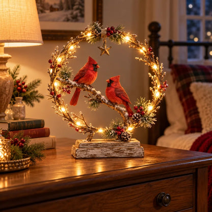 🔥Last Day 60% OFF -Lighted Cardinal Tabletop Decor, Rustic Red Cardinal Pair with Warm LED Lights