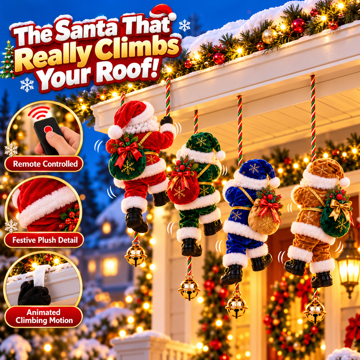 🎅🎄 Climbing Santa™ Christmas Rope Ornament – 4 Festive Colors | Adorable Santa with Gift Sack & Golden Jingle Bell | Holiday Porch & Home Decor ✨