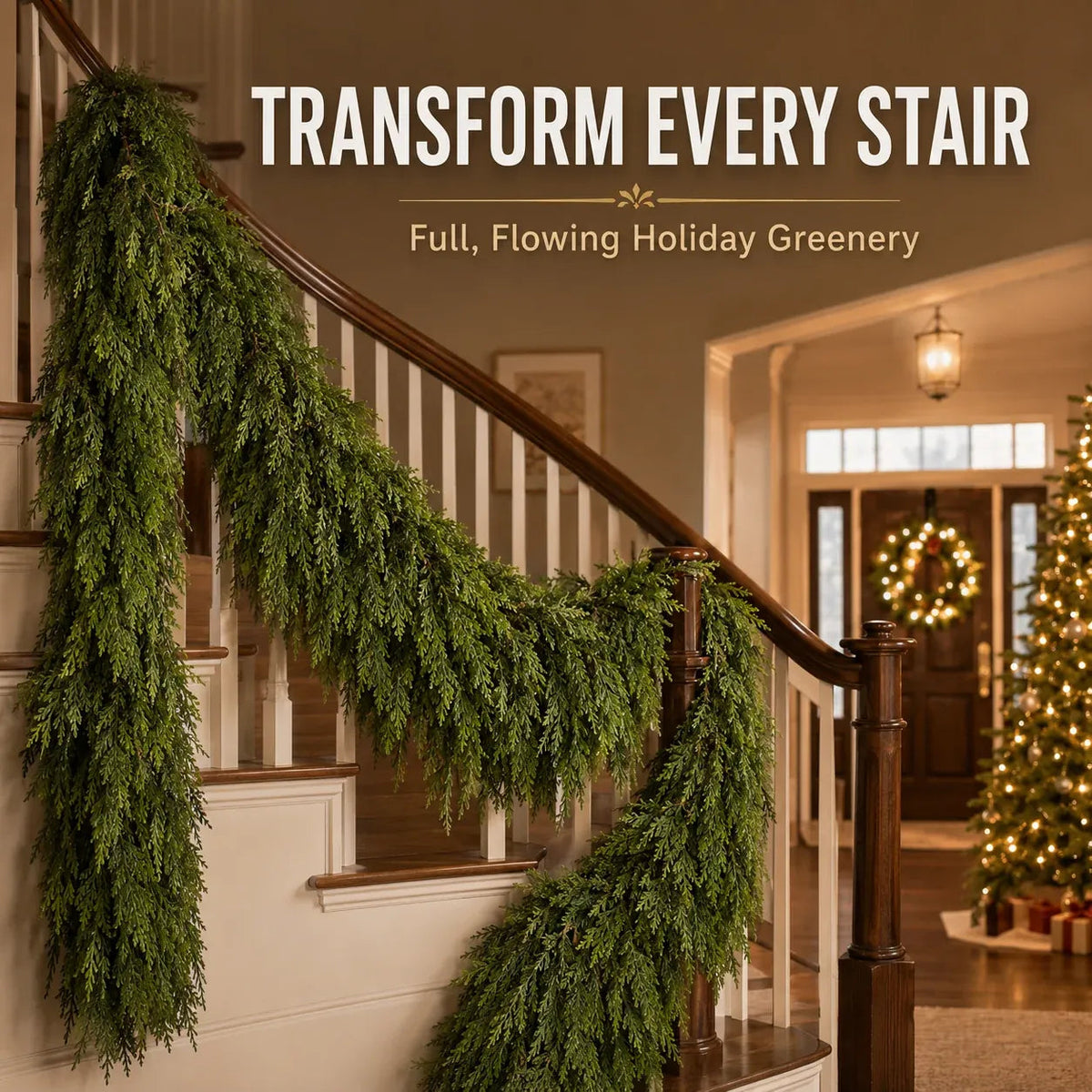 🎄 LAST DAY 50% OFF | 2-Pack Real-Touch Cedar Christmas Garland – Lush Evergreen Holiday Greenery for Mantel, Staircase & Doorway