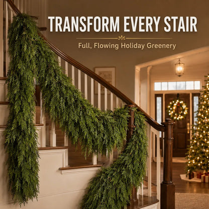 🎄 LAST DAY 50% OFF | 2-Pack Real-Touch Cedar Christmas Garland – Lush Evergreen Holiday Greenery for Mantel, Staircase & Doorway