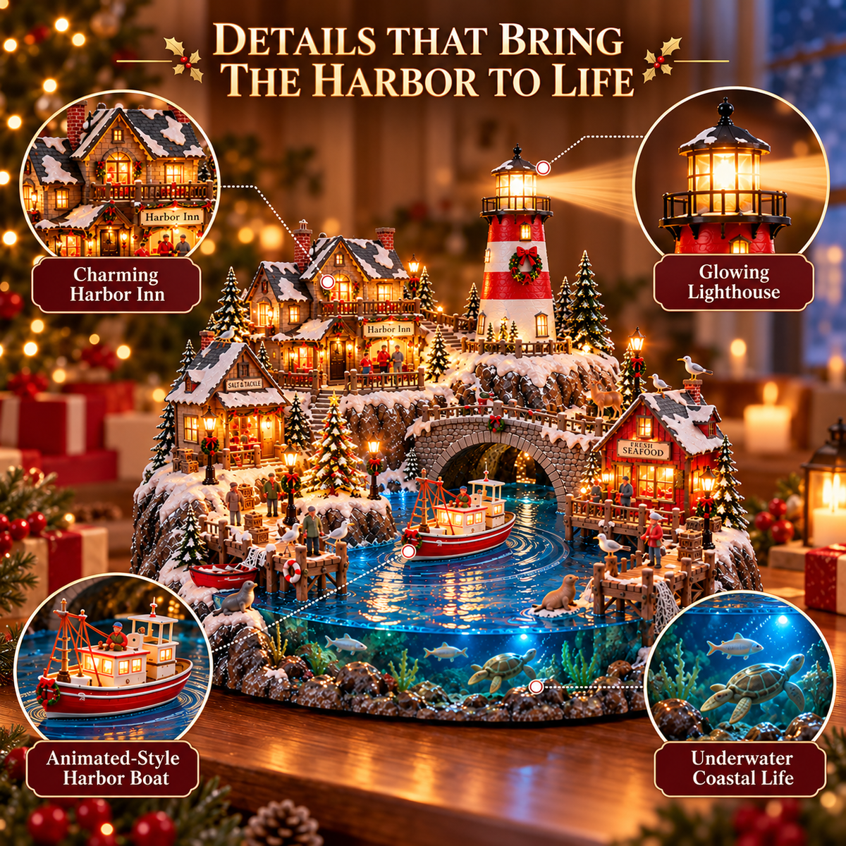 🔥 LAST DAY 50% OFF 🔥 Harborlight Christmas™ — Lighted Coastal Village with Lighthouse, Fishing Boat & Underwater Scene ✨