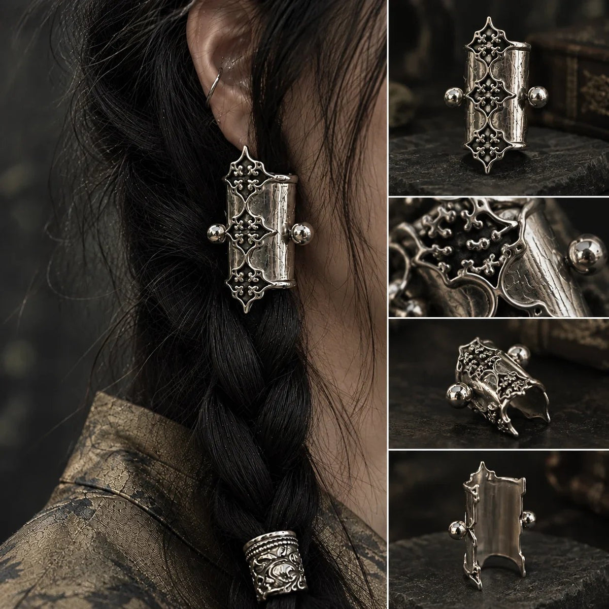 🖤 Gothic Filigree Hair Cuffs | 2-Piece Antique Silver Braid Set