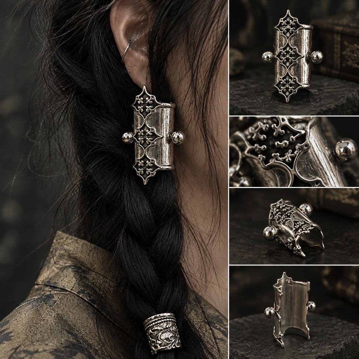 🖤2Pcs Gothic Filigree Hair Cuff for Braids, Vintage Antique Silver Medieval Hair Ring, Dark Romantic Hair Jewelry Accent