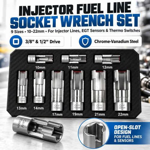 🔥LAST DAY 49% OFF - 🛠️9-Piece Injector & Sensor Line Socket Set – 10–22mm Open-Side Cr-V Sockets, 3/8' & 1/2' Drive
