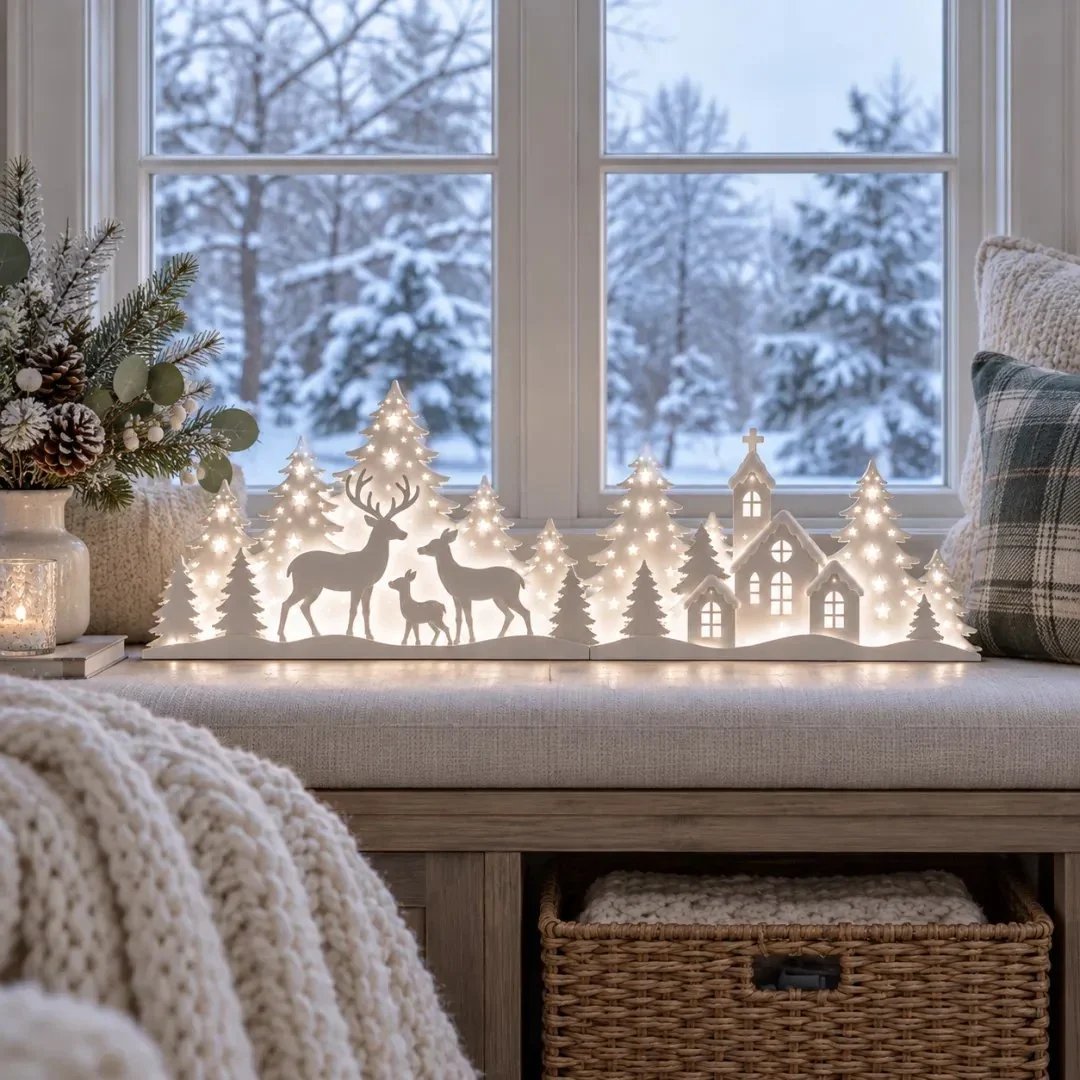 🦌 LED-Weihnachtsdekoration mit Rehen und Dorfmotiv für das Fenster | 2-teiliges beleuchtetes Set