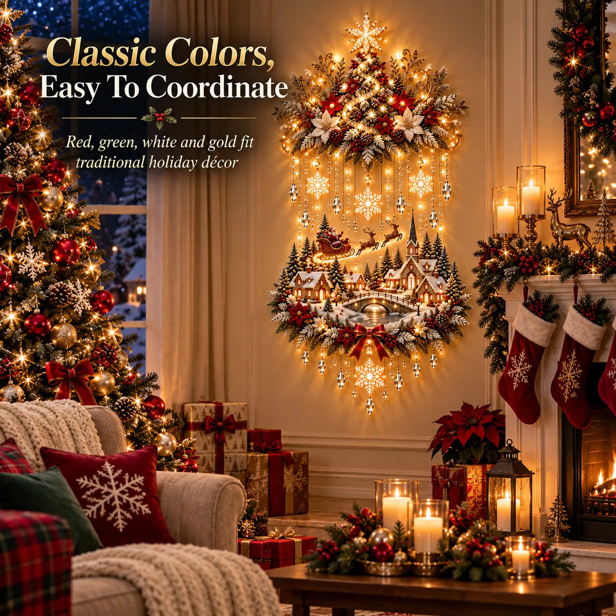 Christmas tree village wall hanging coordinated with red green white and gold decor